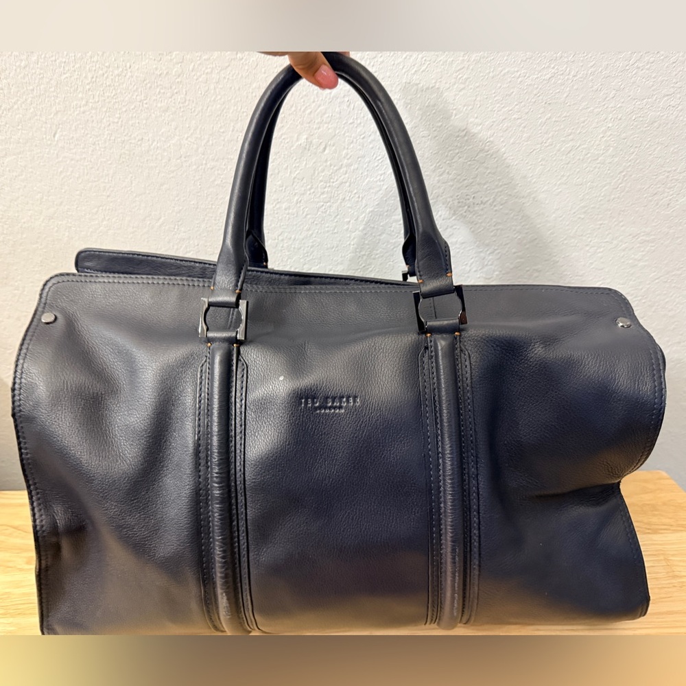 TED BAKER MEN HOLDALL DUFFLE BAG TRAVEL WEEKEND DARK BLUE LEATHER LUGGAGE NEW